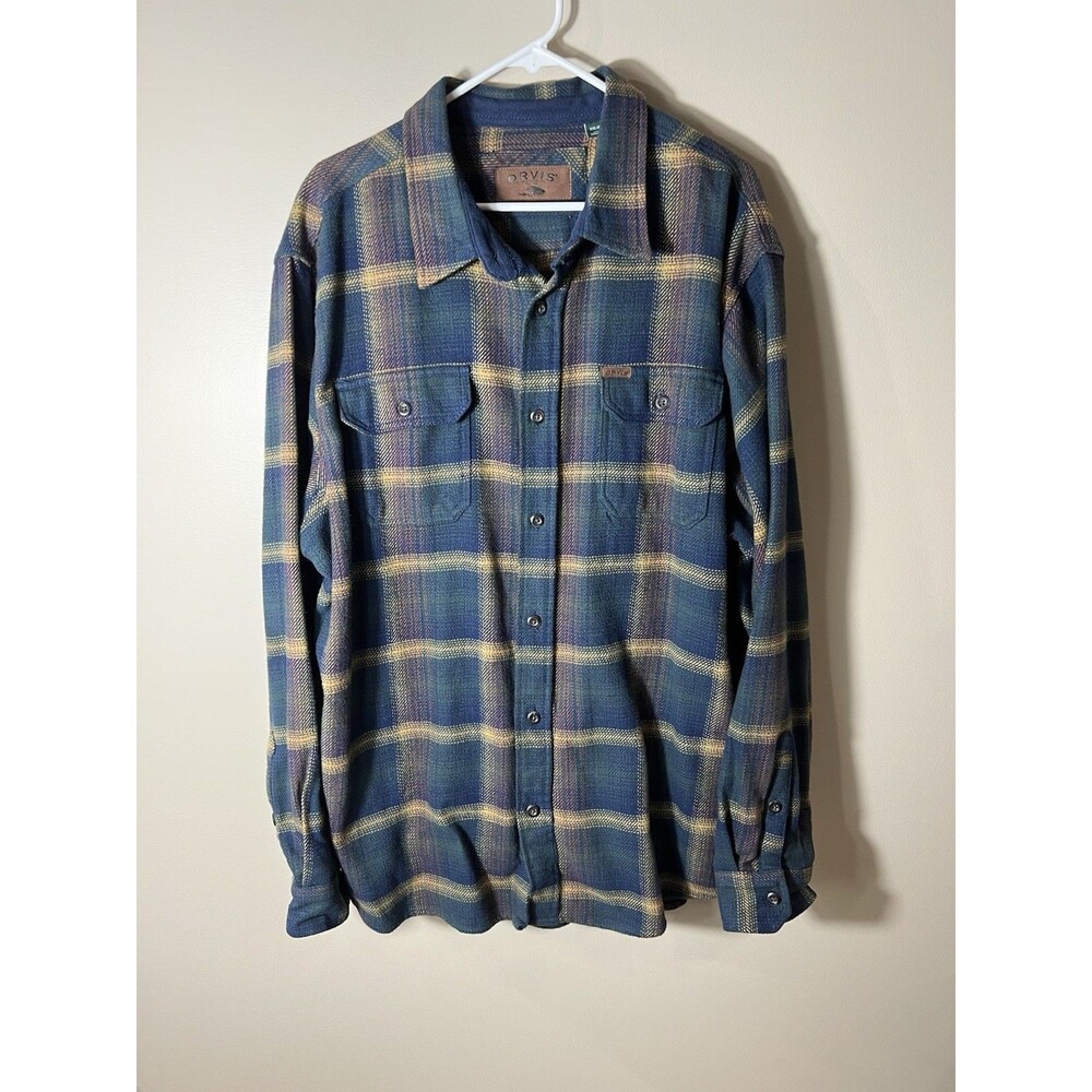 Orvis Shirt Jacket Mens XXL Blue Brown Plaid Flannel Long Sleeve Shacket Heavy